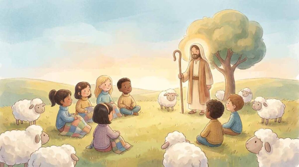 A gentle illustration of a child feeling safe and loved because Jesus is always near.