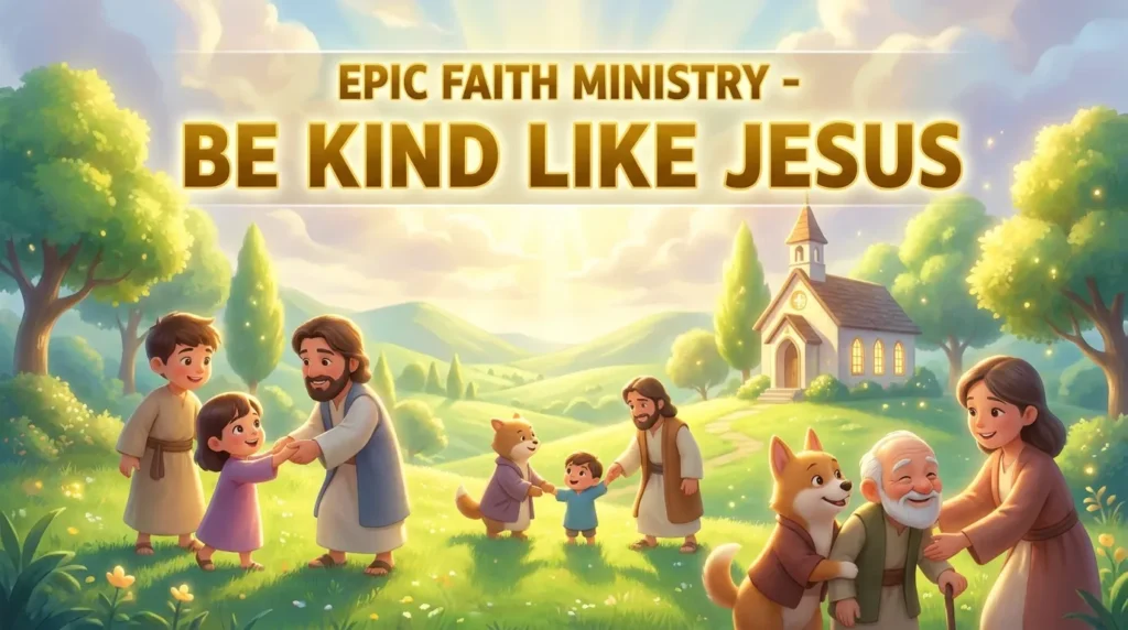 3D Pixar-style characters showing kindness to one another in a friendly village.