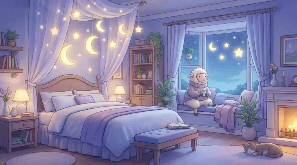 A 16:9 3D Pixar-style scene of a cozy bedroom with a glowing crescent moon and stars, representing calm bedtime tales for children.