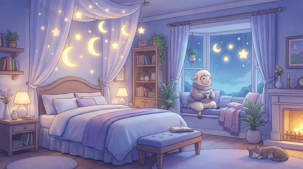 A 16:9 3D Pixar-style scene of a cozy bedroom with a glowing crescent moon and stars, representing calm bedtime tales for children.