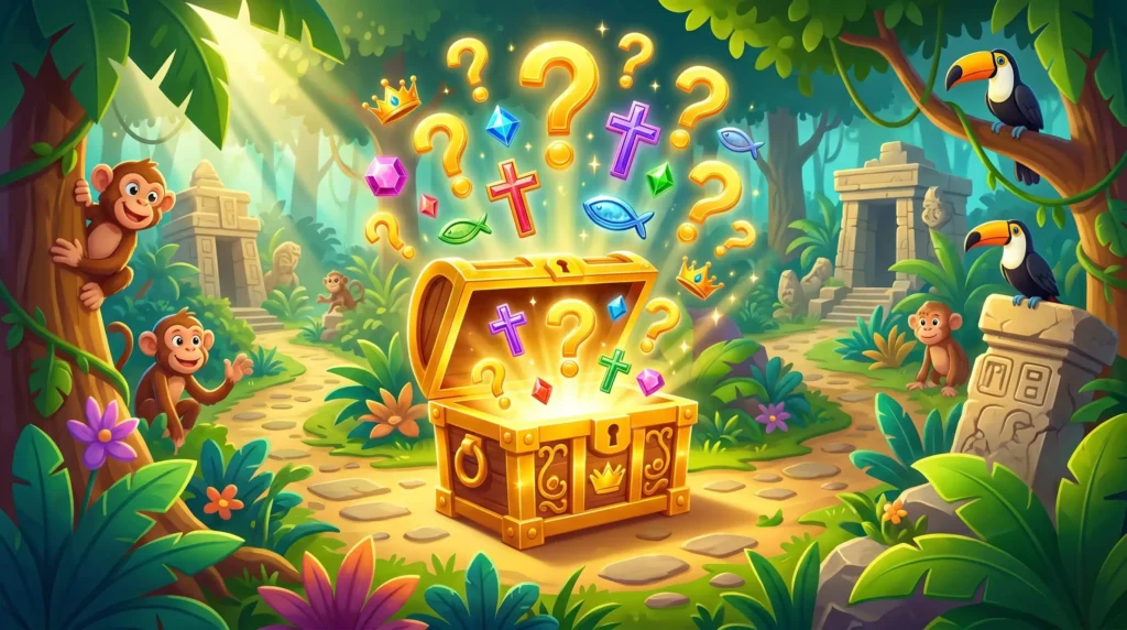 A vibrant 16:9 3D image of a golden treasure chest with glowing question marks, linking to the Epic Faith Studio interactive trivia games