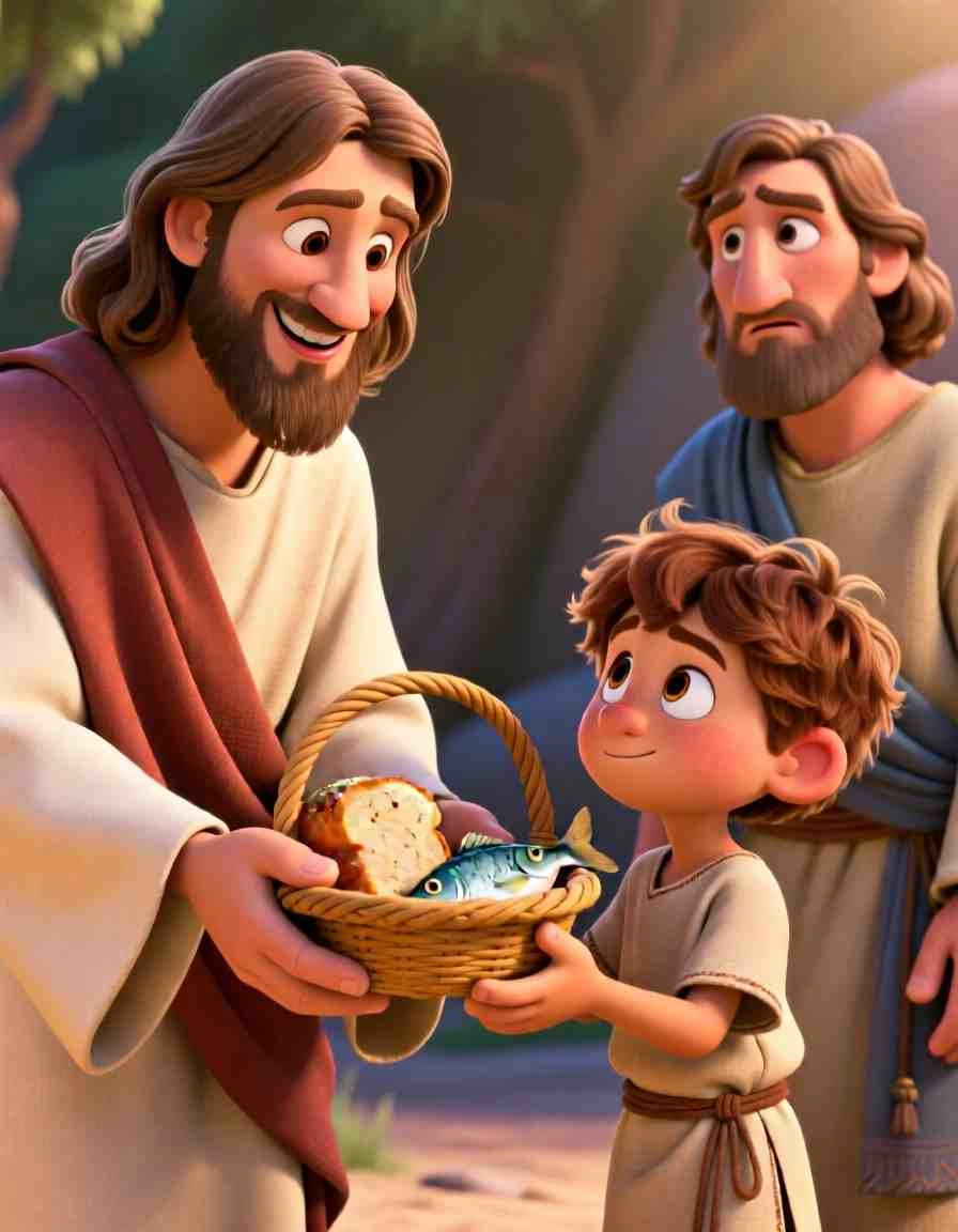 Cinematic 3D scene of a young boy holding five small loaves of bread and two little fish to give to Jesus.