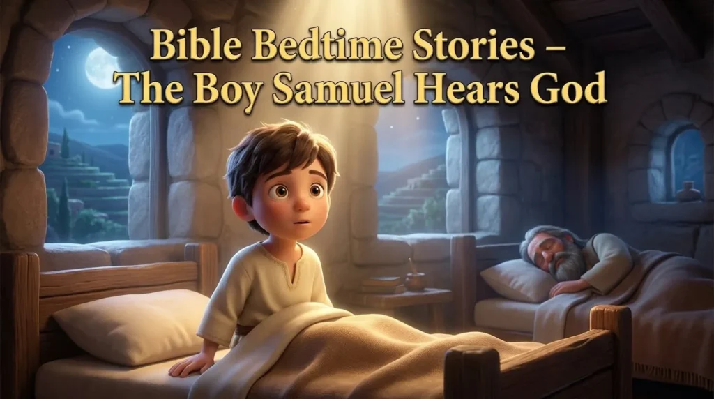 A young boy in 3D animation listening for God's voice in a peaceful temple at night.