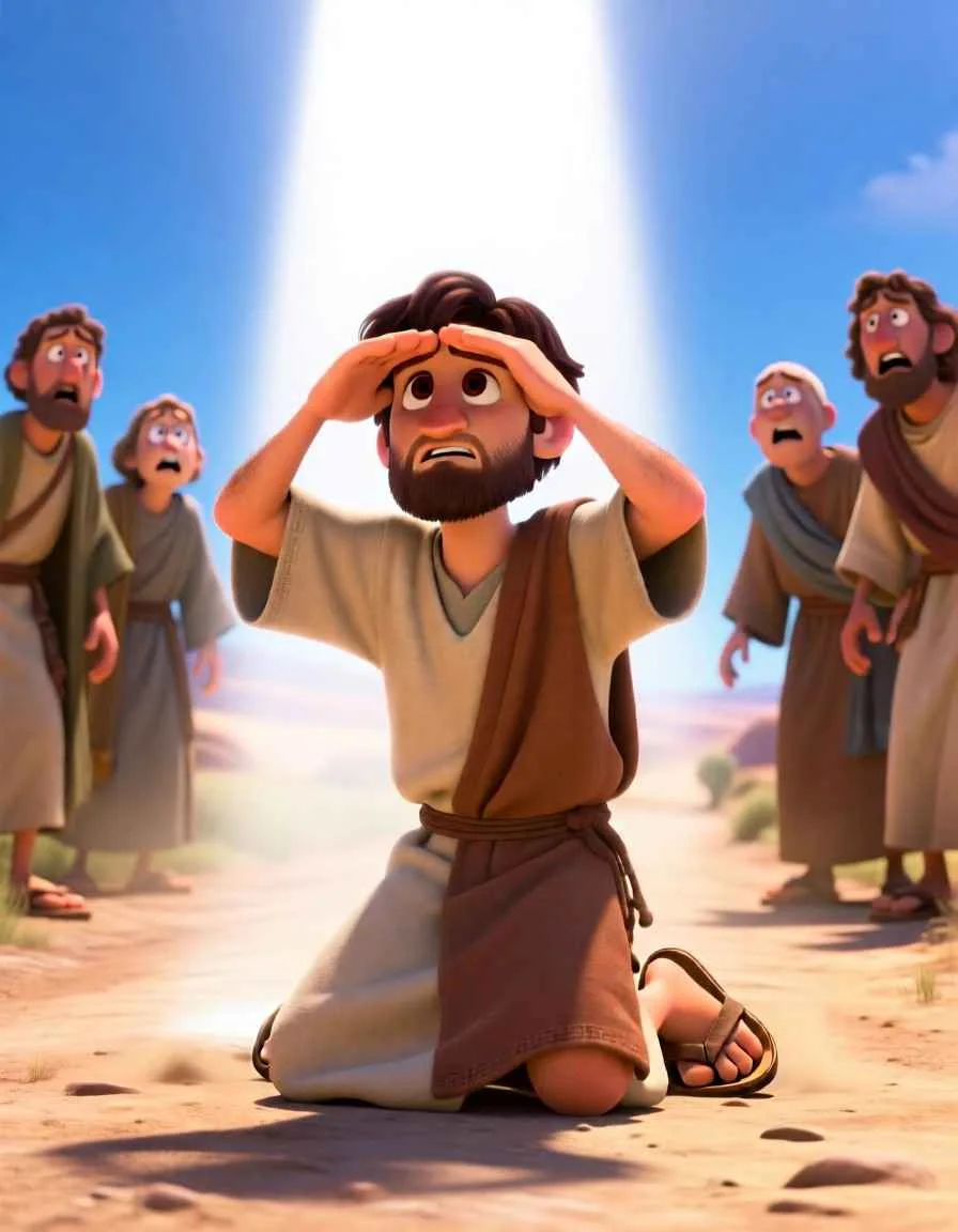 Dramatic 3D scene of a super bright light flashing from the sky down to a dusty road.