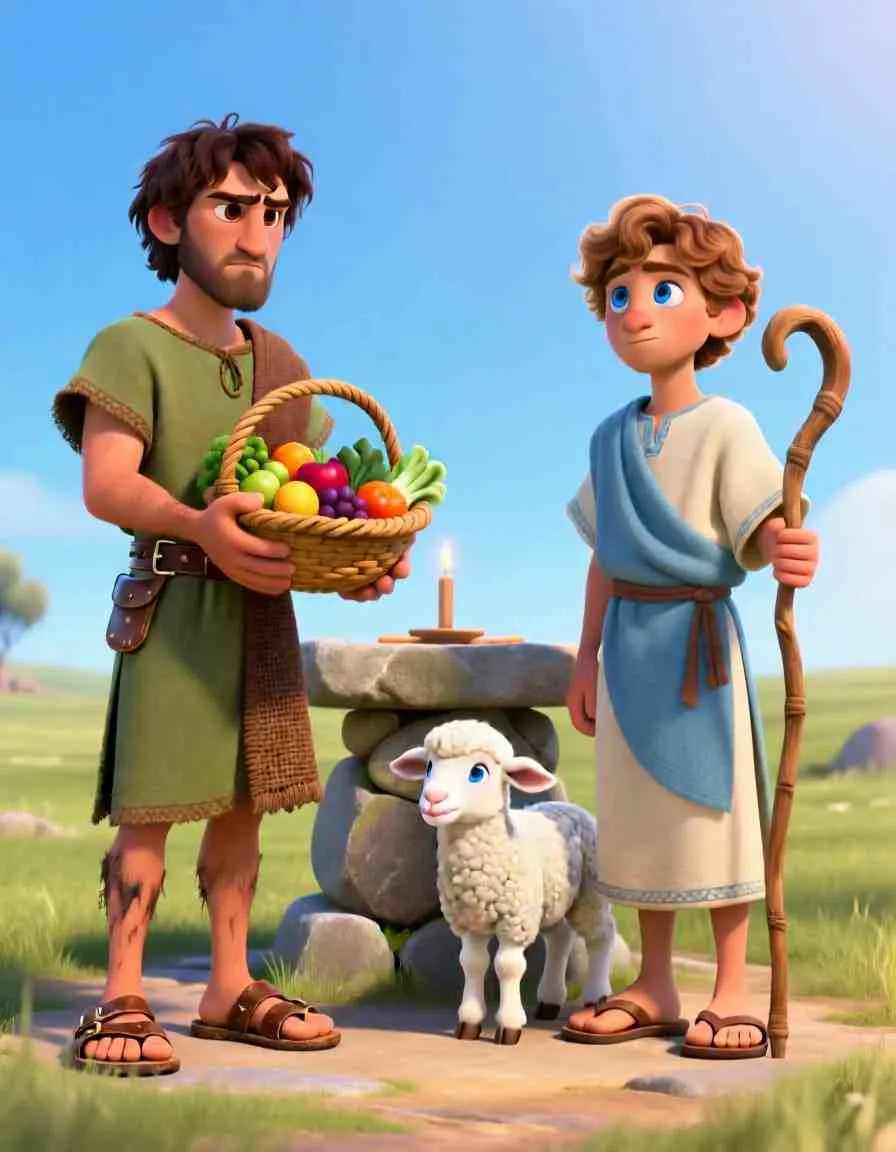 Cinematic 3D scene of two brothers presenting their gifts to God under a bright, hopeful sky.