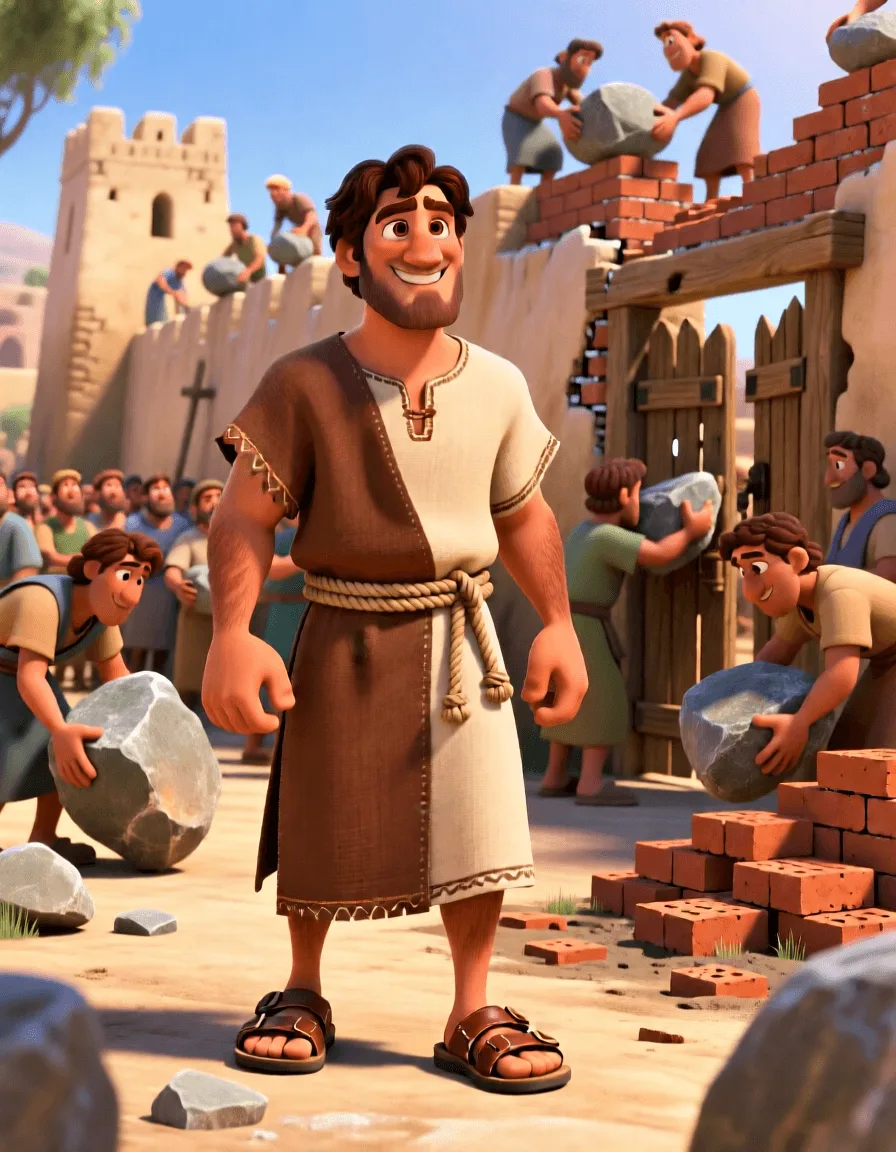 Cinematic 3D scene of many people working together to stack large stones and rebuild a city wall.