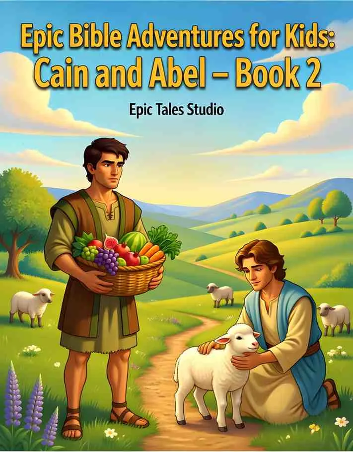 Front cover of Cain and Abel children's book featuring 3D cinematic animation of the two brothers.