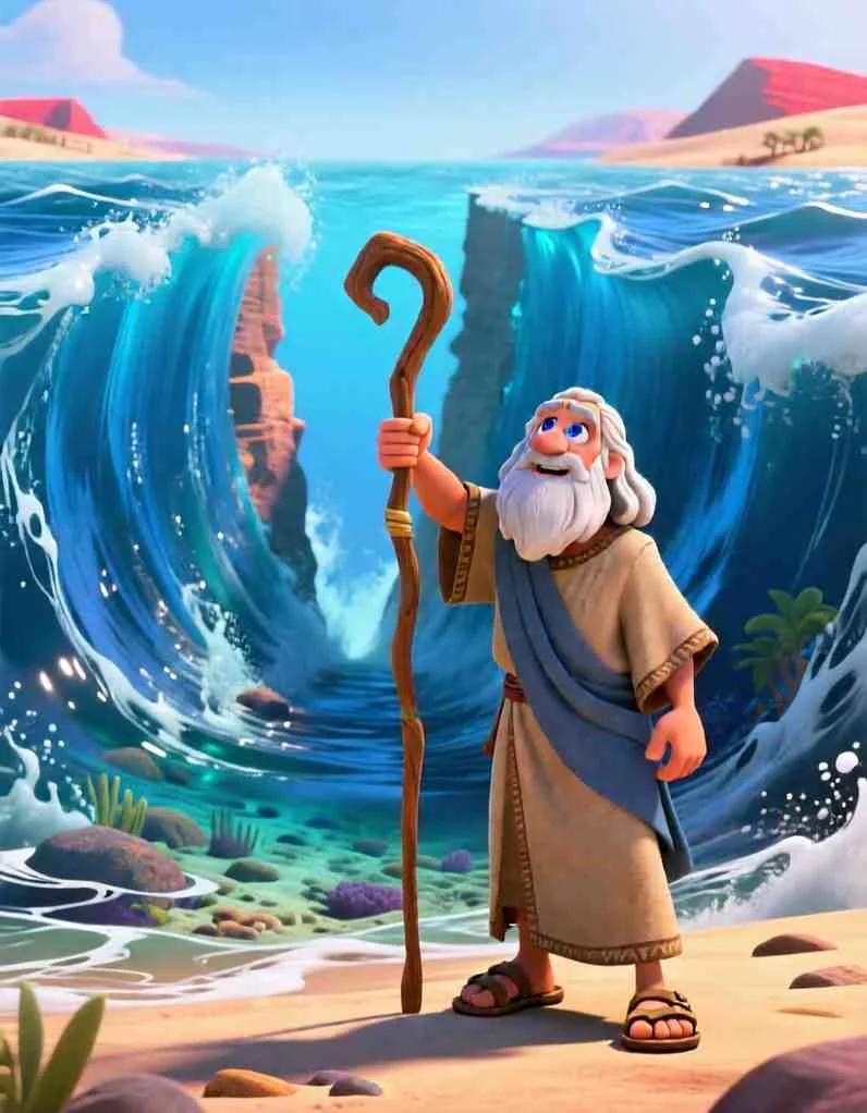 Moses and the Red Sea Dramatic 3D scene showing the Red Sea parting with tall walls of water on both sides.