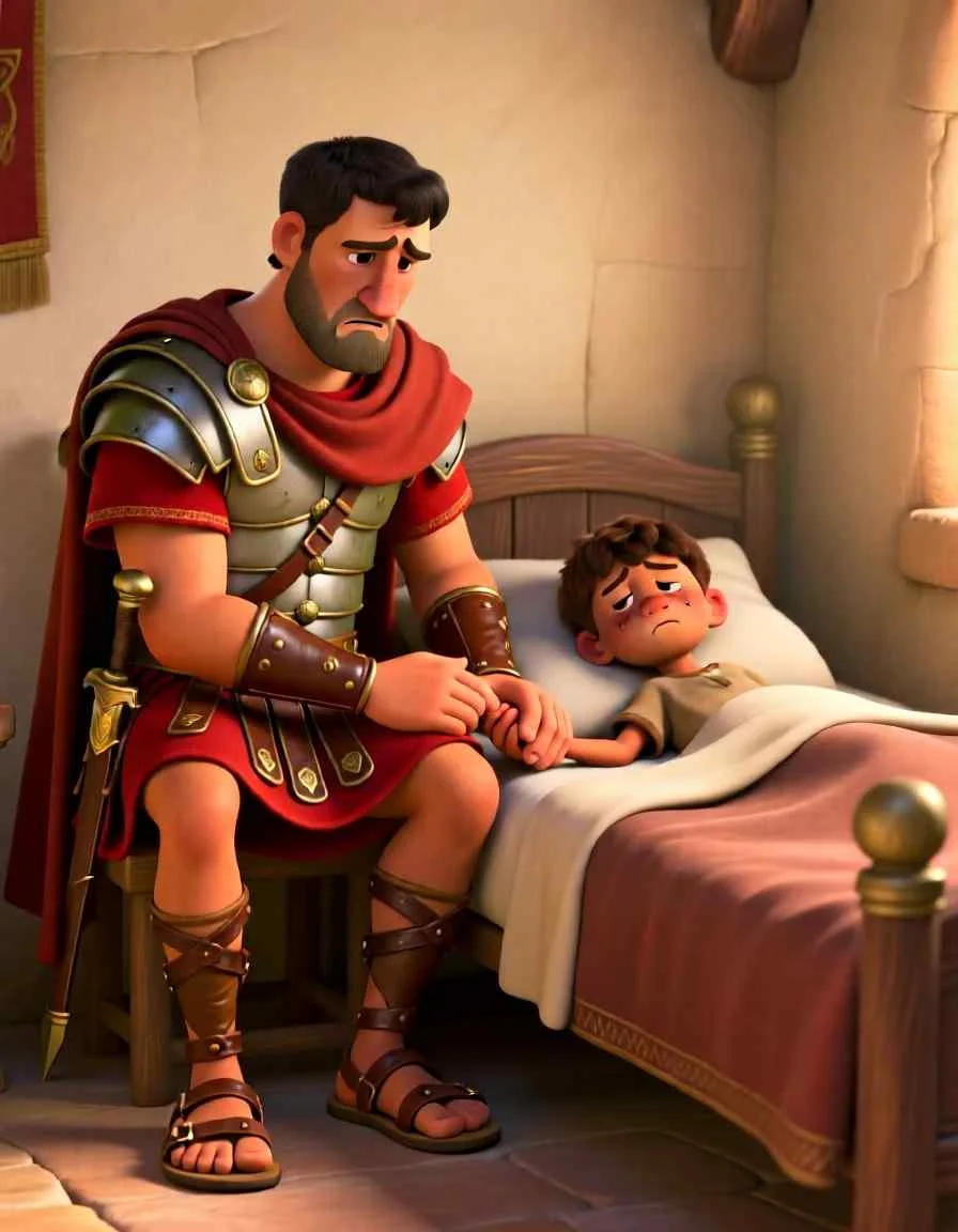 3D cartoon illustration of a strong Roman leader looking kindly at a man resting in a sunlit room.
