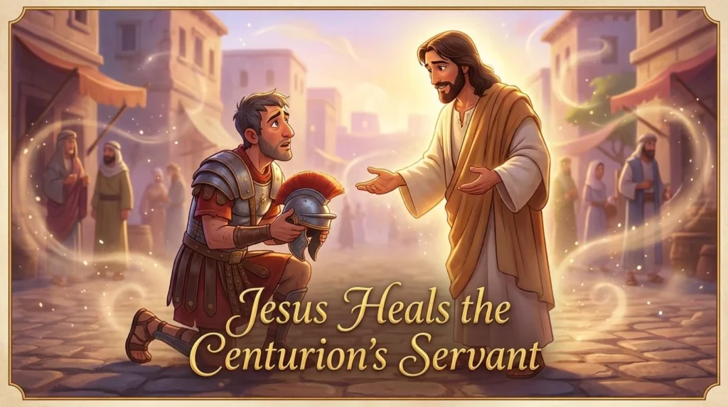 A Roman Centurion kneeling before Jesus on a 3D animated ancient city street.
