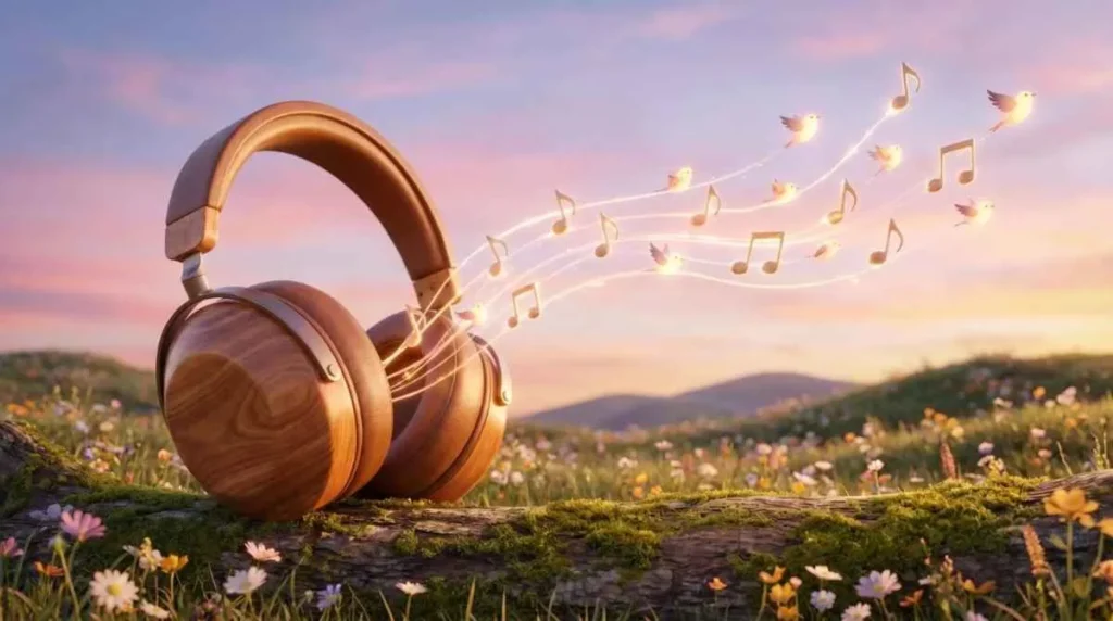 A whimsical 16:9 3D scene of glowing musical notes flying from wooden headphones over a sunset meadow, representing praise songs and audiobooks.