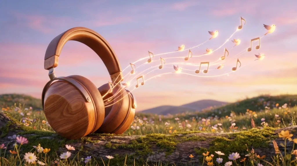 A whimsical 16:9 3D scene of glowing musical notes flying from wooden headphones over a sunset meadow, representing praise songs and audiobooks.