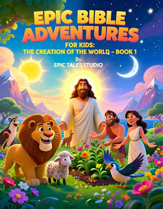 Front cover of The Creation of the World children's book featuring a 3D cinematic globe and animals.