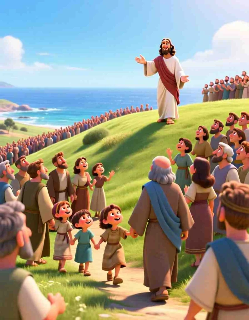 3D cartoon illustration of a large, diverse crowd of people gathered on a wide grassy hillside near the sea.