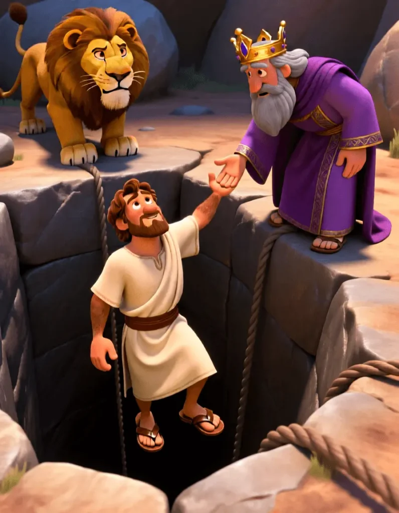 Dramatic 3D scene of Daniel sitting calmly in a stone den surrounded by large lions.