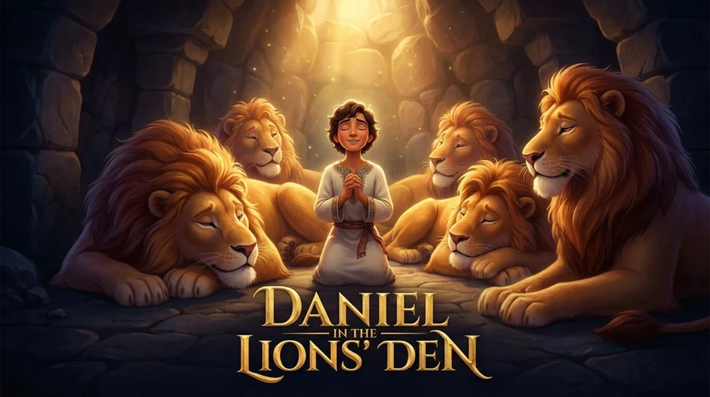 Daniel praying peacefully among calm lions in a stone den, 3D Pixar-inspired art.