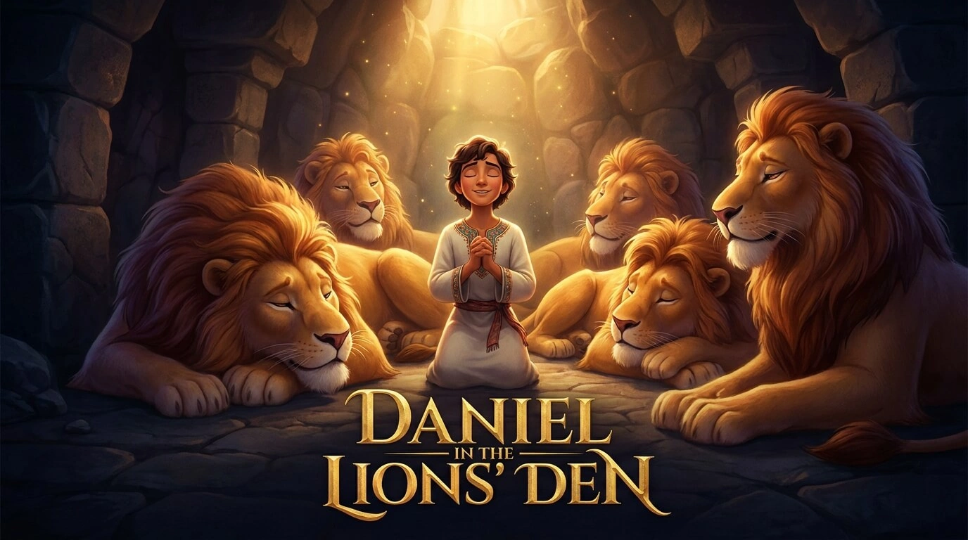 Daniel praying peacefully among calm lions in a stone den, 3D Pixar-inspired art.