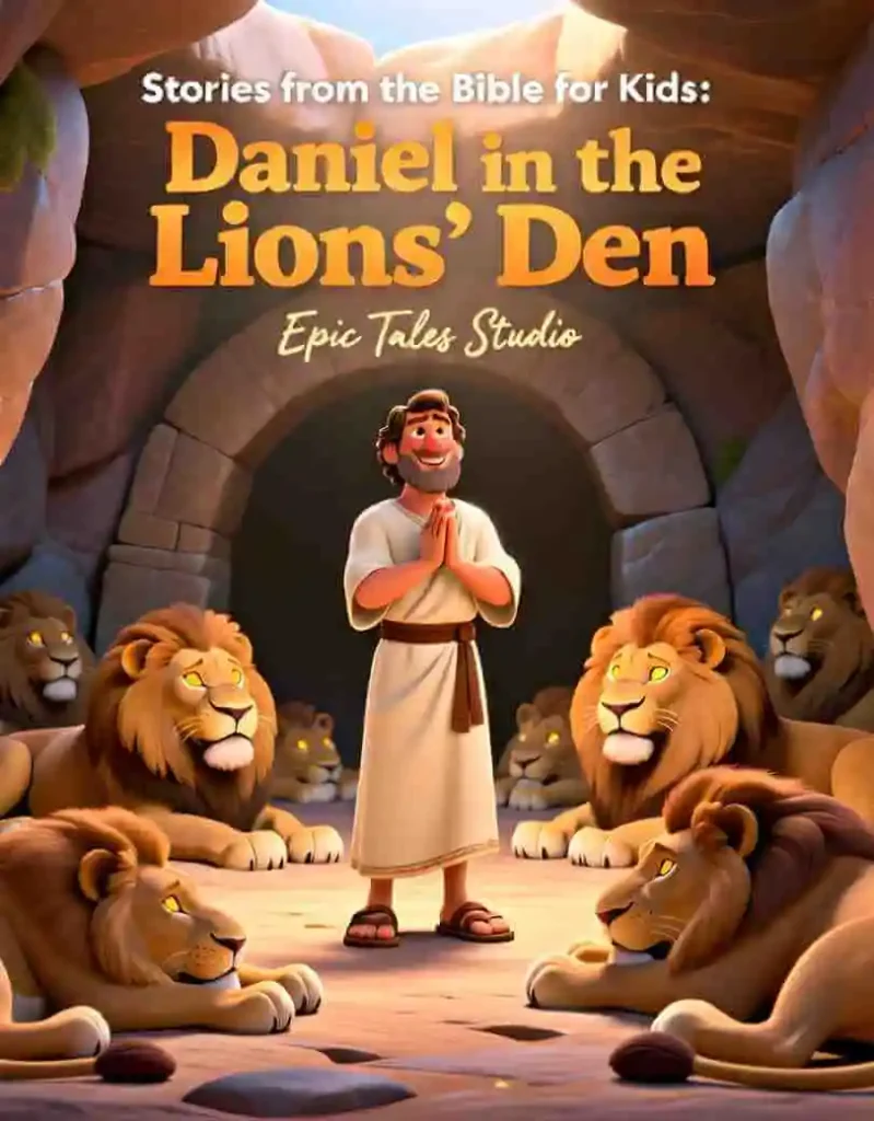 Front cover of Daniel in the Lions' Den children's Bible story book featuring cinematic 3D illustration of Daniel with lions.