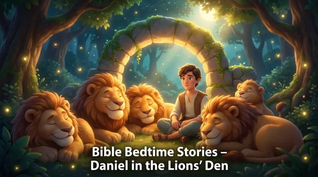 Peaceful 3D scene of Daniel praying safely among calm, resting lions in a stone den.