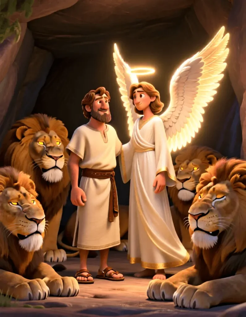 Miraculous 3D illustration of an angel protecting Daniel in the lions' den, bright and hopeful atmosphere.