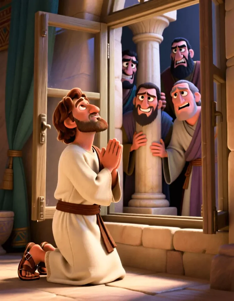 3D cartoon illustration of Daniel faithfully praying by an open window in his room, cinematic lighting.