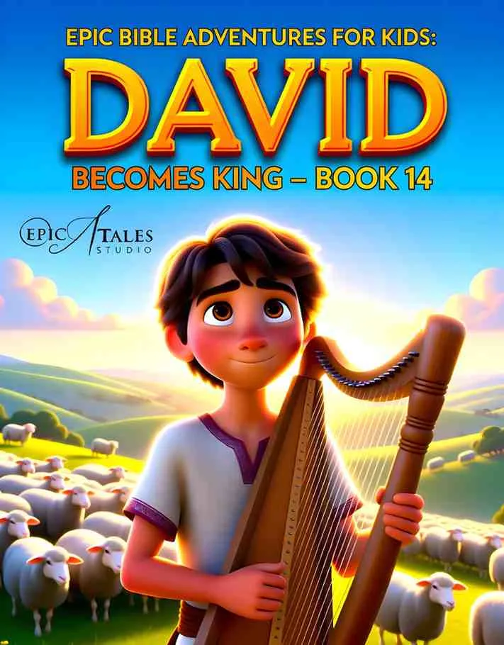 Front cover of David Becomes King children's book featuring cinematic 3D art of a young shepherd boy.