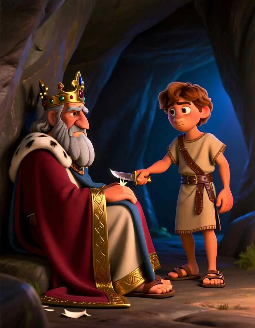 Cinematic 3D scene of David holding a small piece of cloth in a dark cave while a king sleeps nearby.