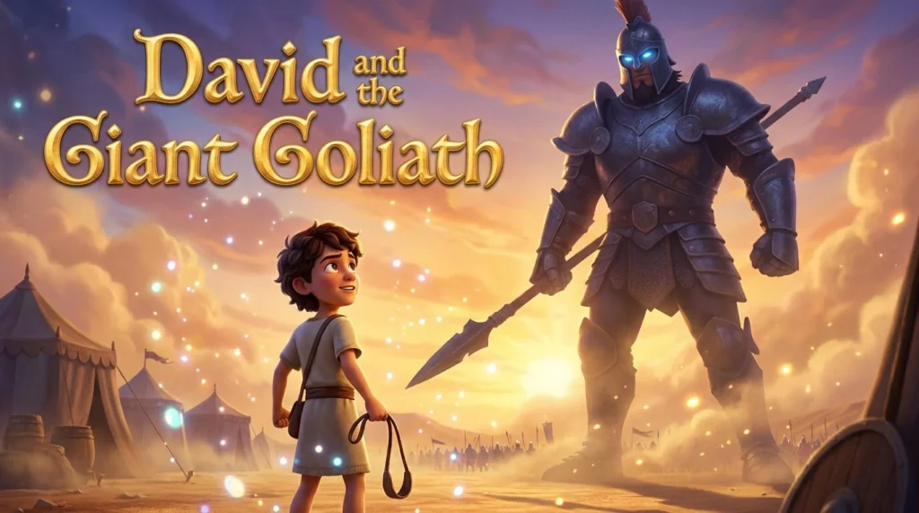Brave young David with a sling facing the giant Goliath in a 3D cinematic style.