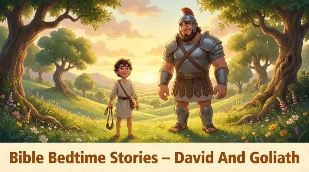 Brave young David facing the giant Goliath in a soft, cinematic 3D style.