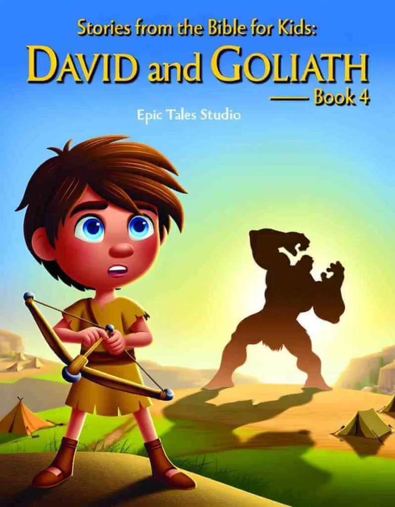 Front cover of David and the Giant Goliath children's Bible story book featuring cinematic 3D illustration of David.