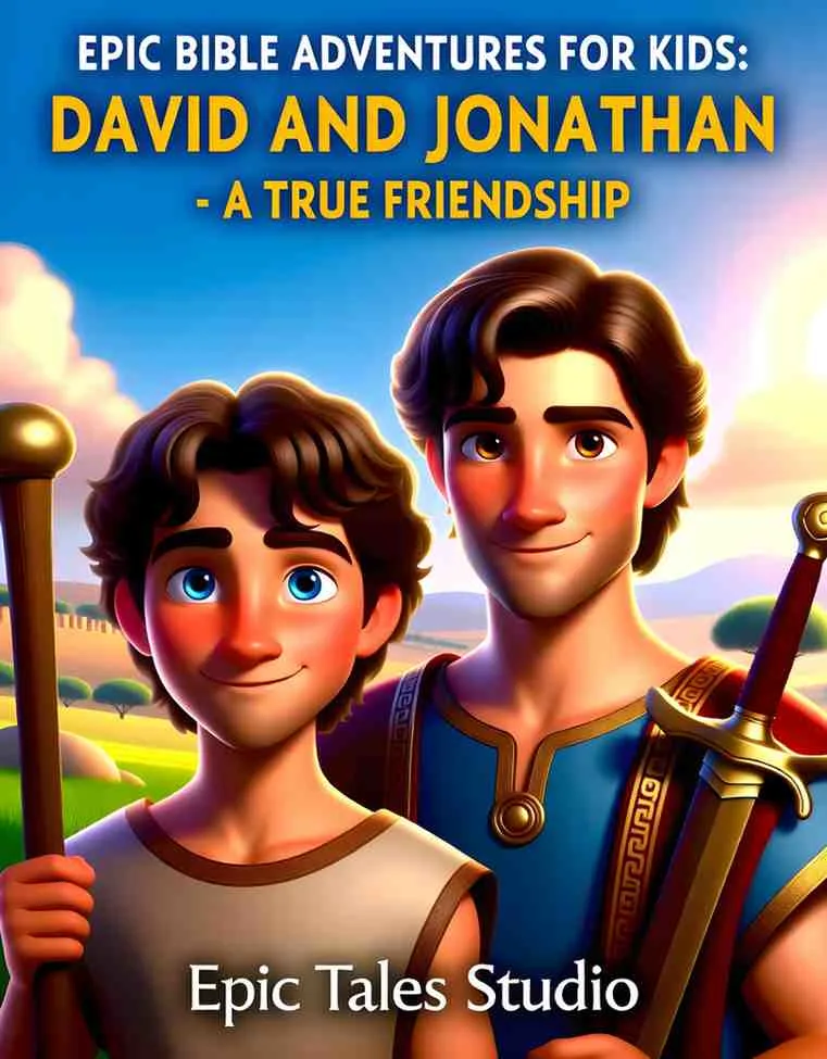 Front cover of David and Jonathan children's book featuring cinematic 3D art of two young men.