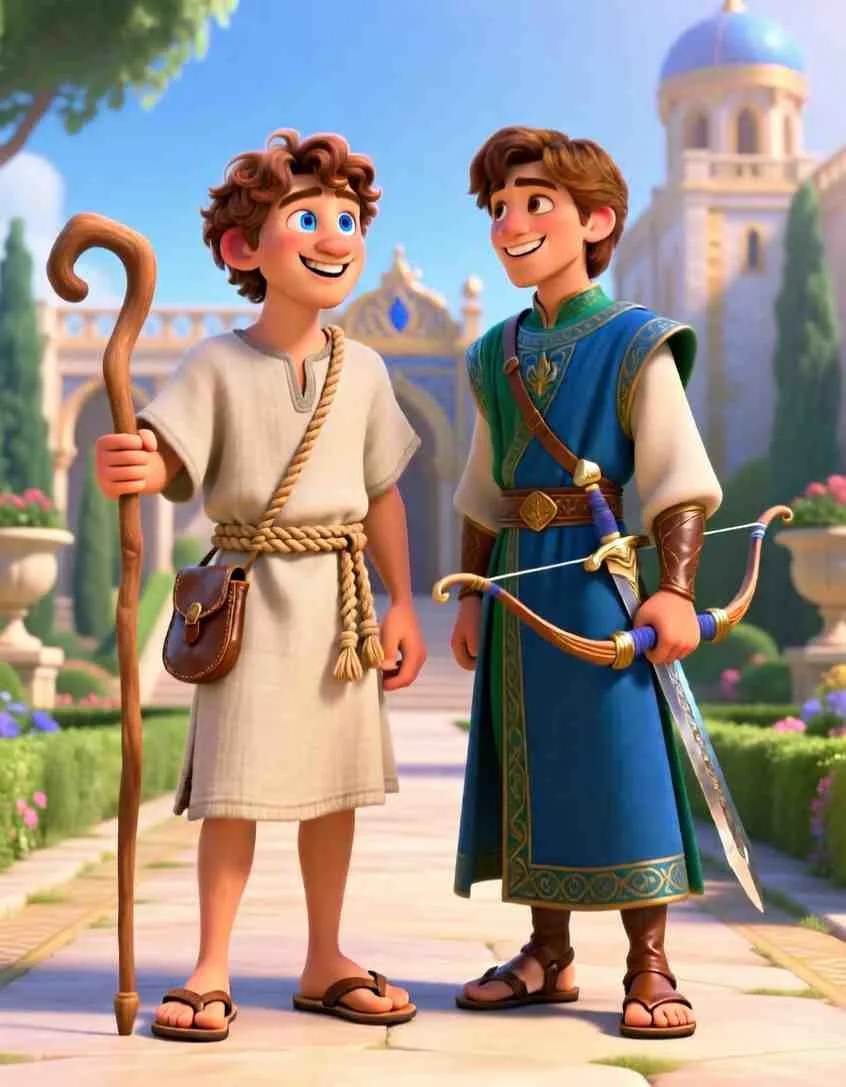 3D cartoon illustration of David and Jonathan smiling and talking together inside a grand stone palace.