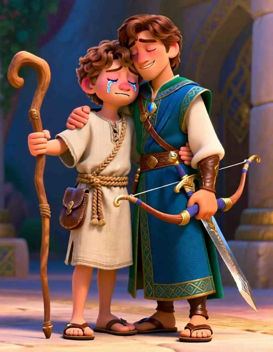 Heartwarming 3D illustration of two friends embracing and promising to remain loyal forever under a soft sky.