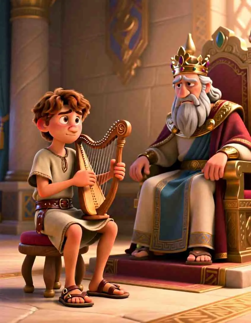 3D cartoon illustration of David playing a harp while King Saul sits on a golden throne looking troubled.
