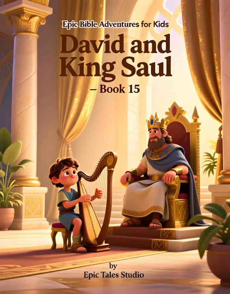 Front cover of David and King Saul children's book featuring cinematic 3D art of a young man and an older king.