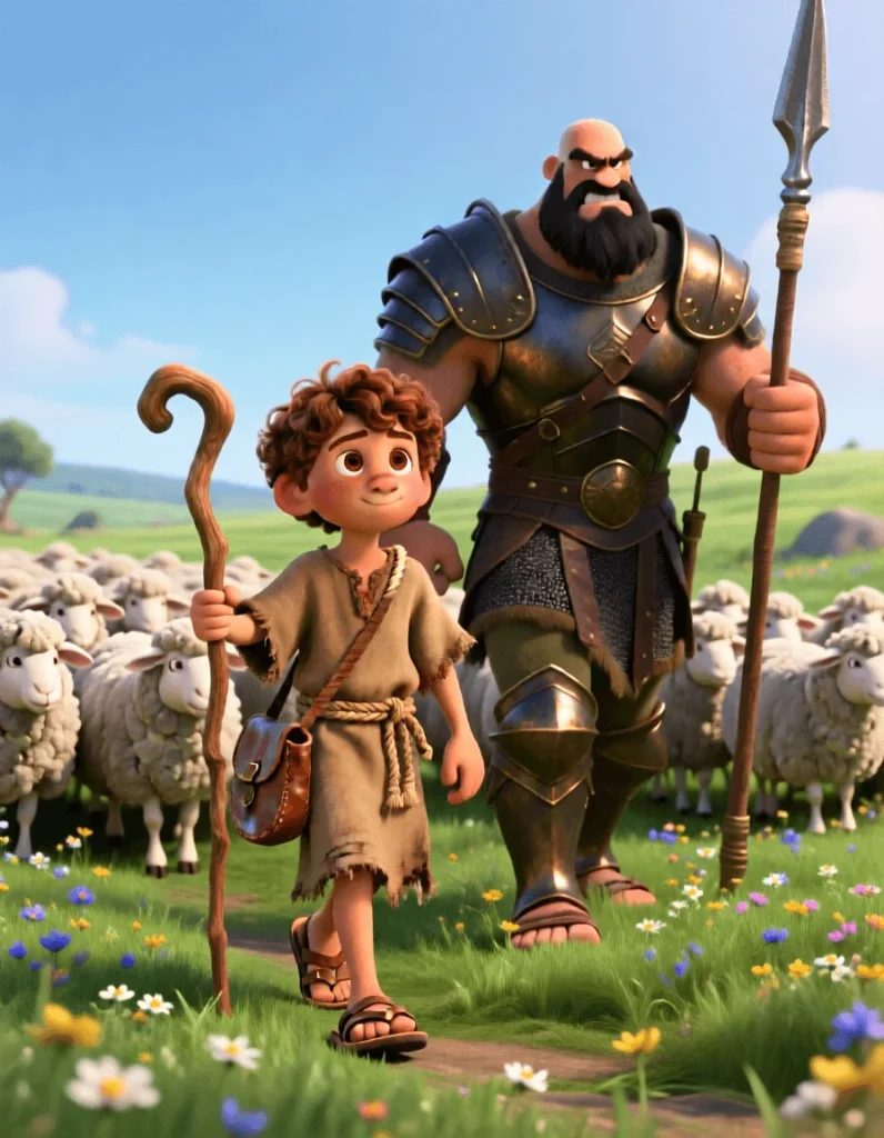 3D cartoon illustration of David happily taking care of sheep in a green field, cinematic sunlight.