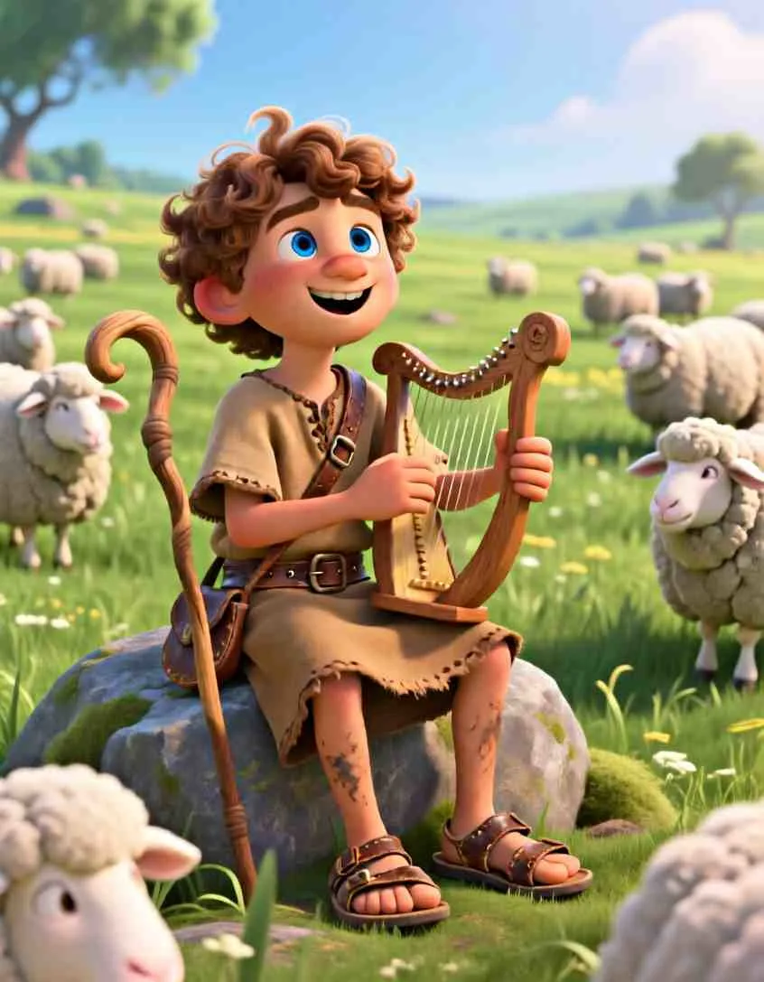 3D cartoon illustration of young David sitting on a rock, playing a golden harp for his peaceful white sheep.