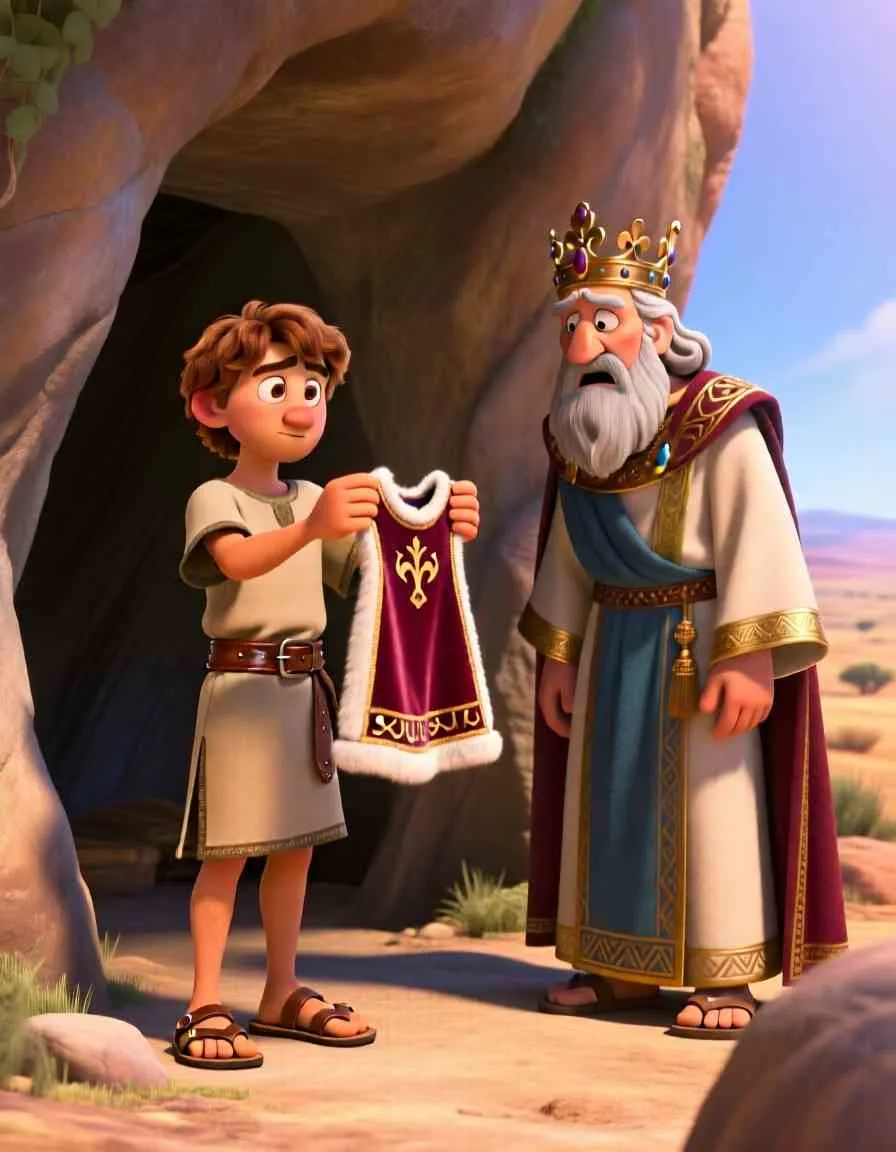 Heartwarming 3D illustration of David holding up a piece of cloth to show he chose kindness instead of revenge.