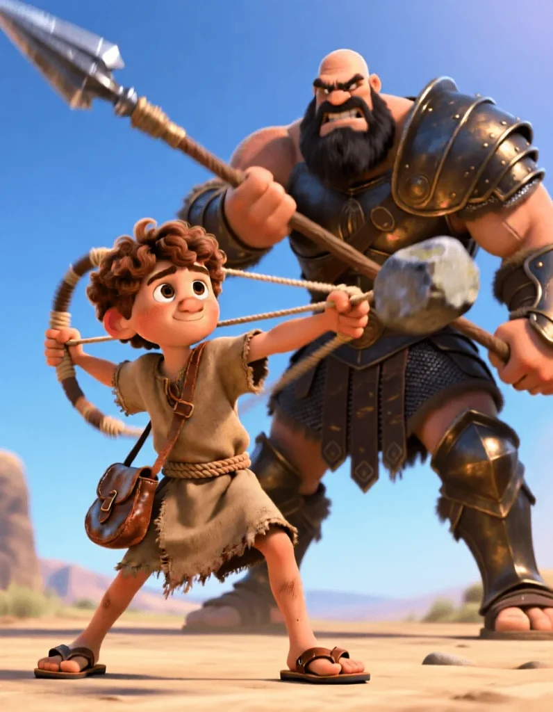 Miraculous 3D illustration of David standing brave with his sling, a bright and hopeful biblical scene.