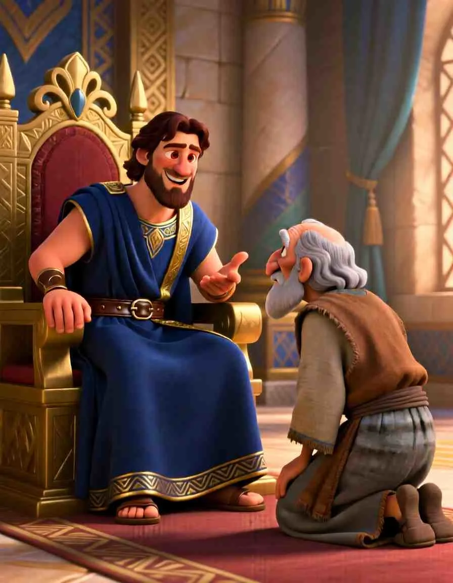 Cinematic 3D scene of a powerful king stepping down from his throne to welcome a humble, nervous young man.