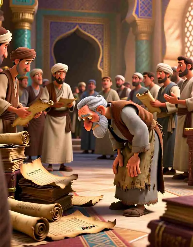 3D cartoon illustration of King David sitting on his throne, talking kindly to a servant in a grand hall.