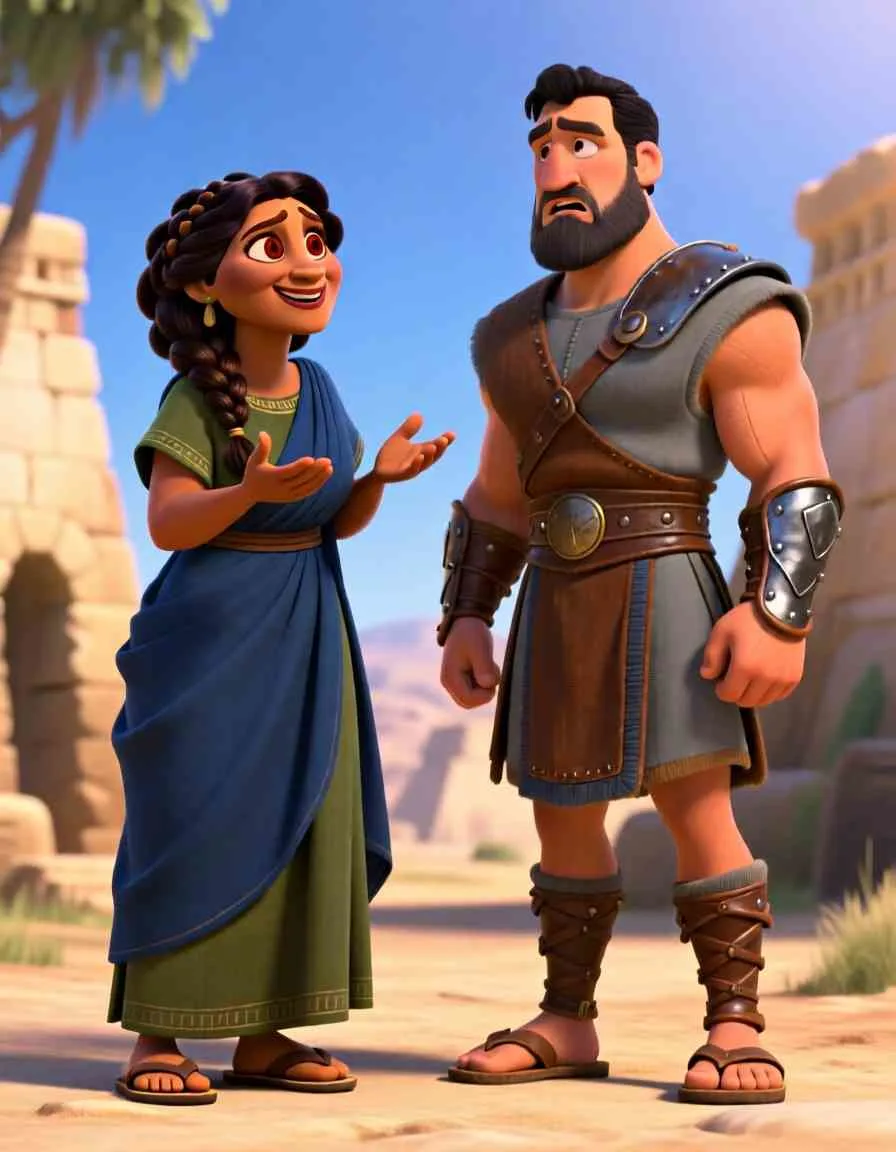 Cinematic 3D scene of a brave woman standing on a hill, pointing toward the horizon with a look of faith.