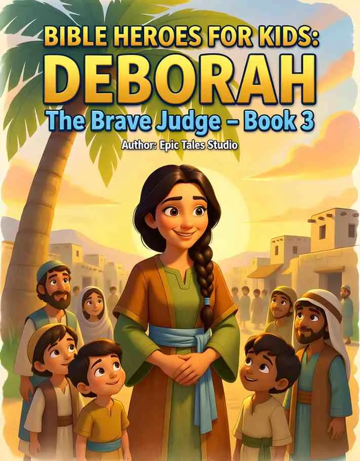 Front cover of Deborah the Brave Judge children's book featuring cinematic 3D art of a woman under a palm tree.