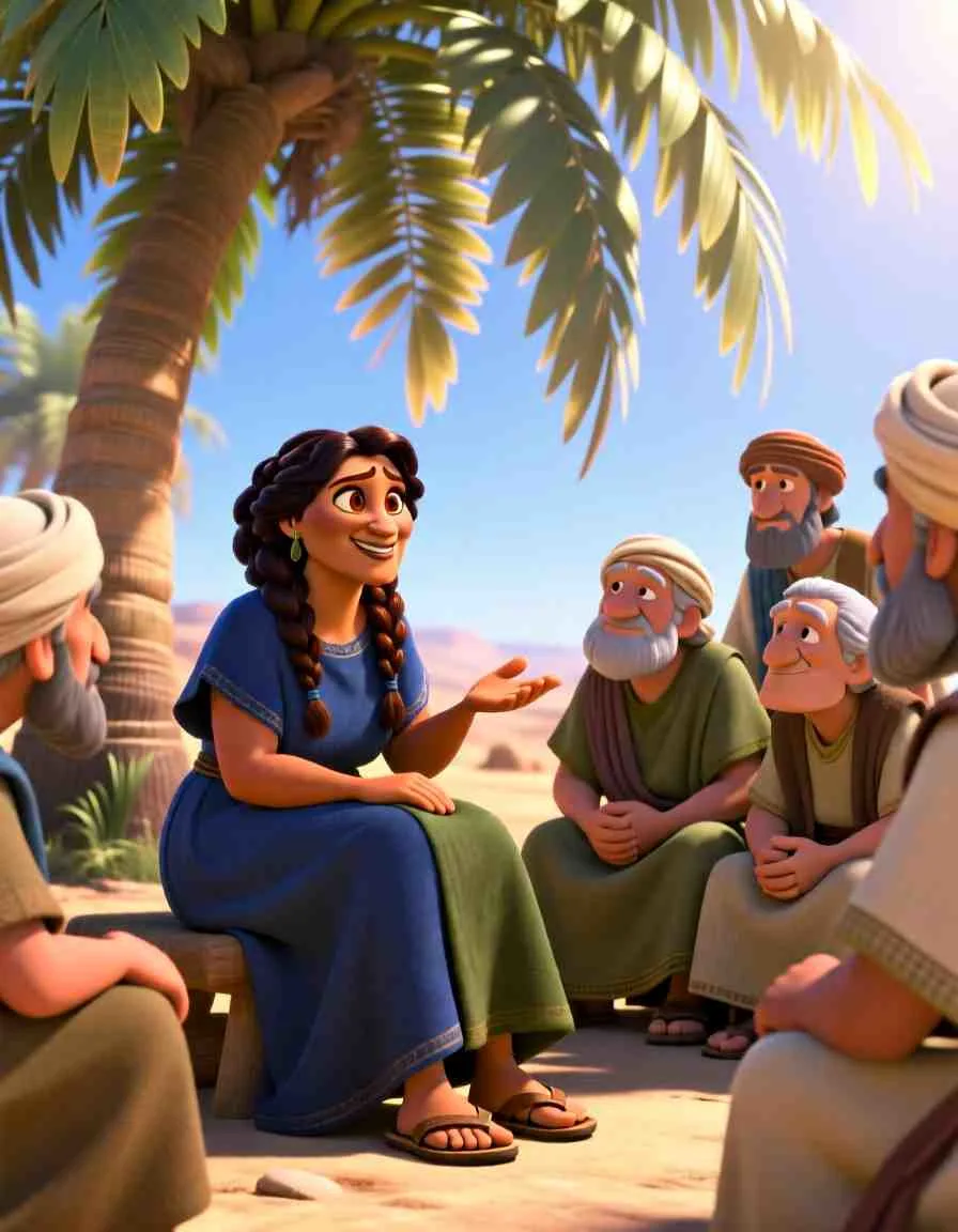 3D cartoon illustration of a wise woman sitting under a large palm tree, talking kindly to a group of people.