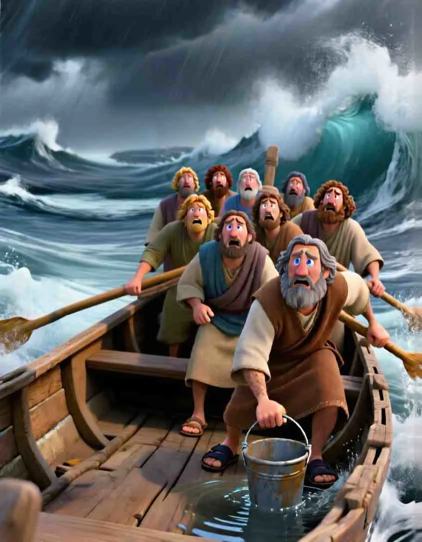 3D cartoon illustration of a wooden boat rocking on large, dark waves during a fierce nighttime storm.