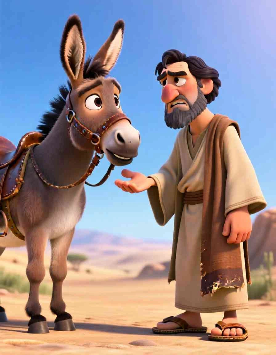Cinematic 3D scene of a humble donkey looking back at its rider with an expression of wisdom.