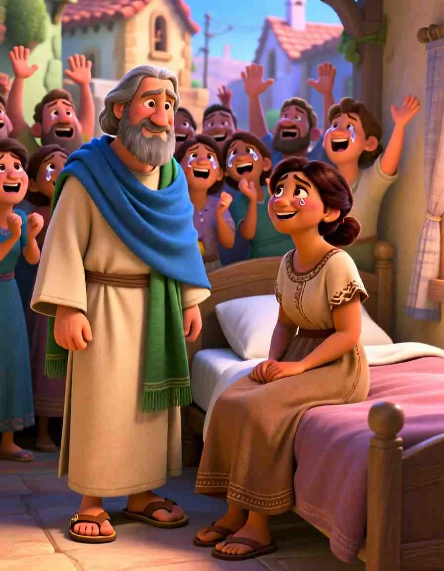 Heartwarming 3D illustration of a woman smiling and sitting up as her friends cheer with joy.