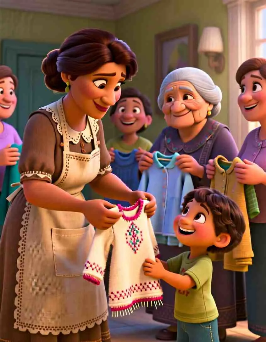 3D cartoon illustration of a kind woman giving a handmade tunic to a thankful child.