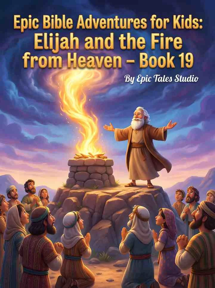 Front cover of Elijah's story children's book featuring cinematic 3D art of a prophet and fire.