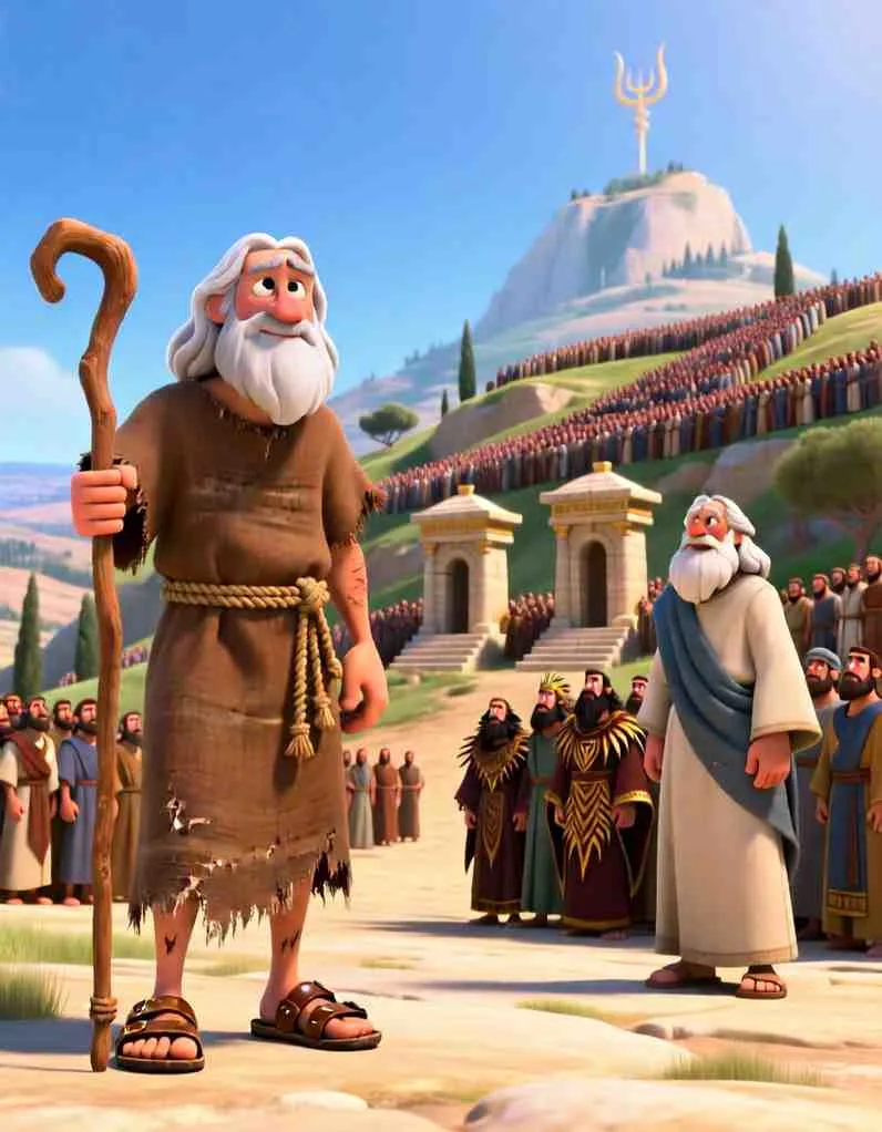 3D cartoon illustration of a prophet standing on a rocky mountain peak before a large crowd of people.